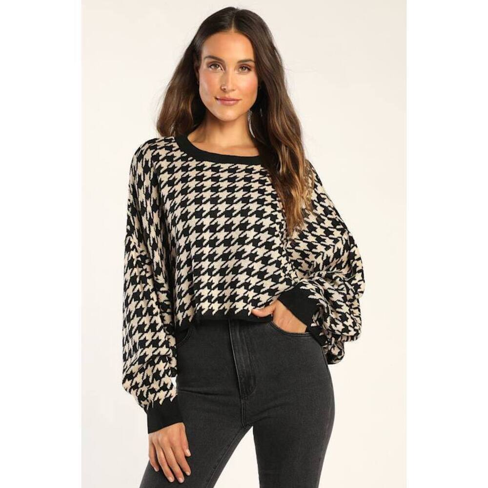 Lulus Autumn Arrival Black And Beige Houndstooth Dolman Sleeve Sweater - Size S